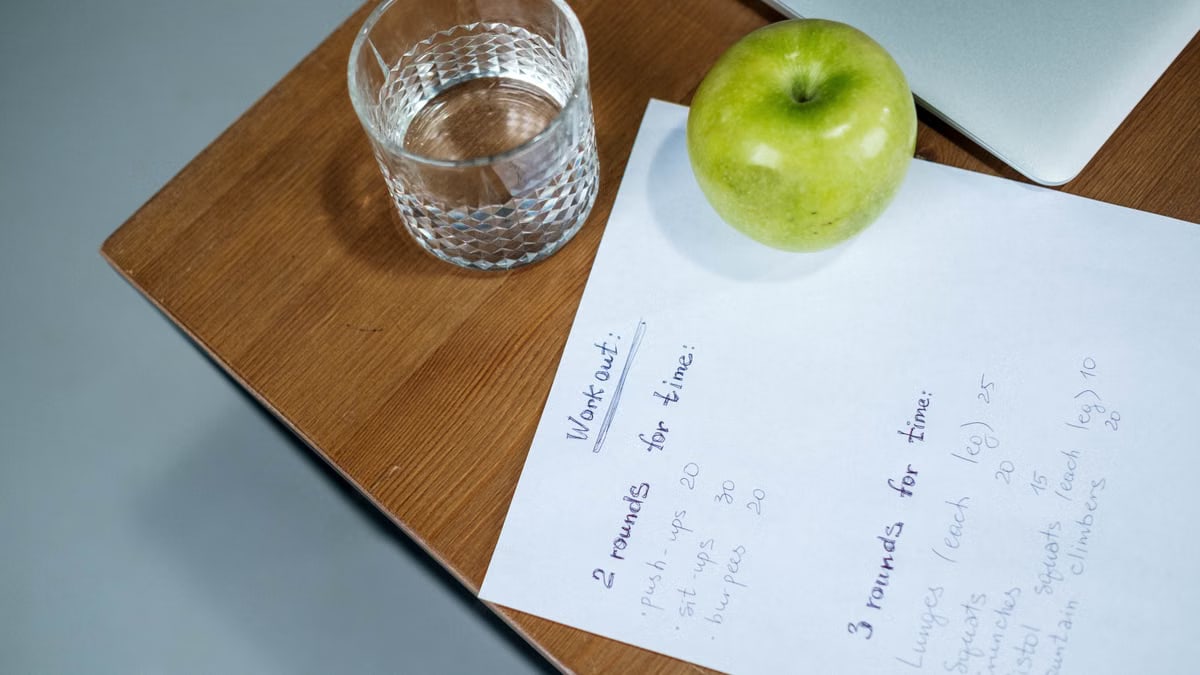 A green apple, glass of water, and workout plan on a wooden desk symbolize healthy living.